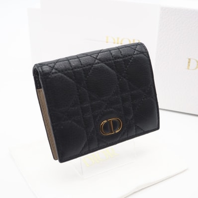 美品 Dior ディオール カナージュ カーフスキン Dior Caro Saffron ウォレット ミニ S5137URXU_M911 二つ折り財布 ブラック ベージュ レザー レディース