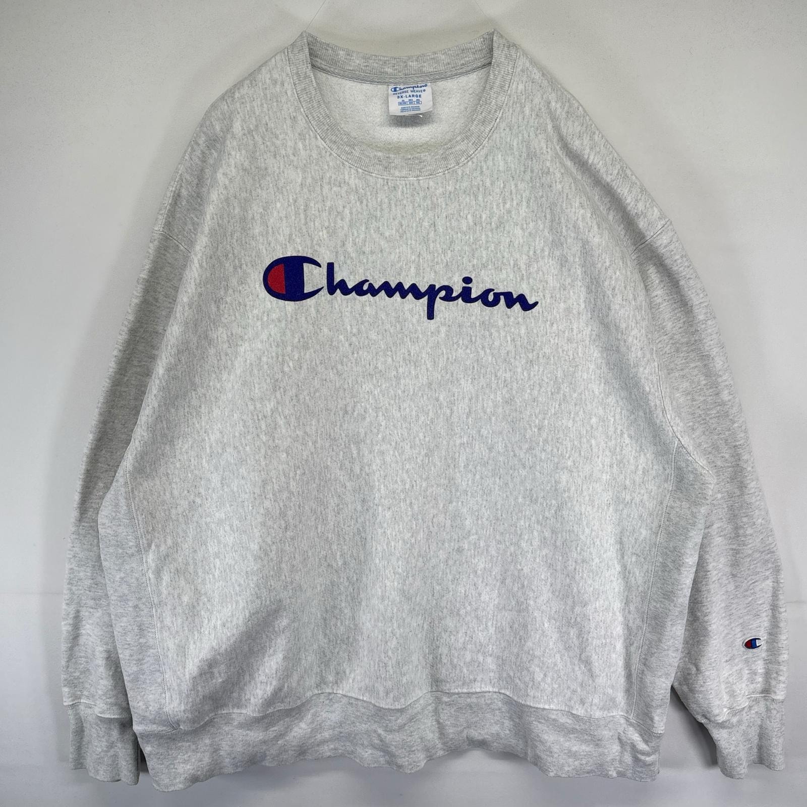 古着 チャンピオン Champion スウェット トレーナー リバースウィーブ 大判ロゴプリント クルーネック 大きいサイズ 3XL  グレー メンズ