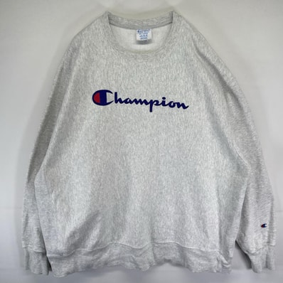古着 チャンピオン Champion スウェット トレーナー リバースウィーブ 大判ロゴプリント クルーネック 大きいサイズ 3XL グレー メンズ
