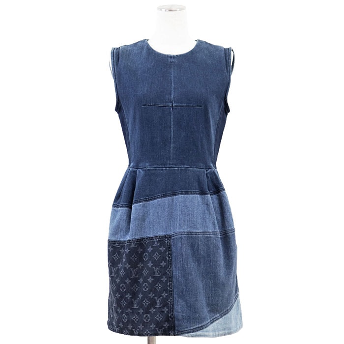 LOUIS VUITTON ルイ・ヴィトン ワンピース ストレッチデニム LV ロゴ モノグラム ウィーブ パッチワーク バックジップ ノースリーブ ドレス レディース サイズ 38 インディゴ イタリア製