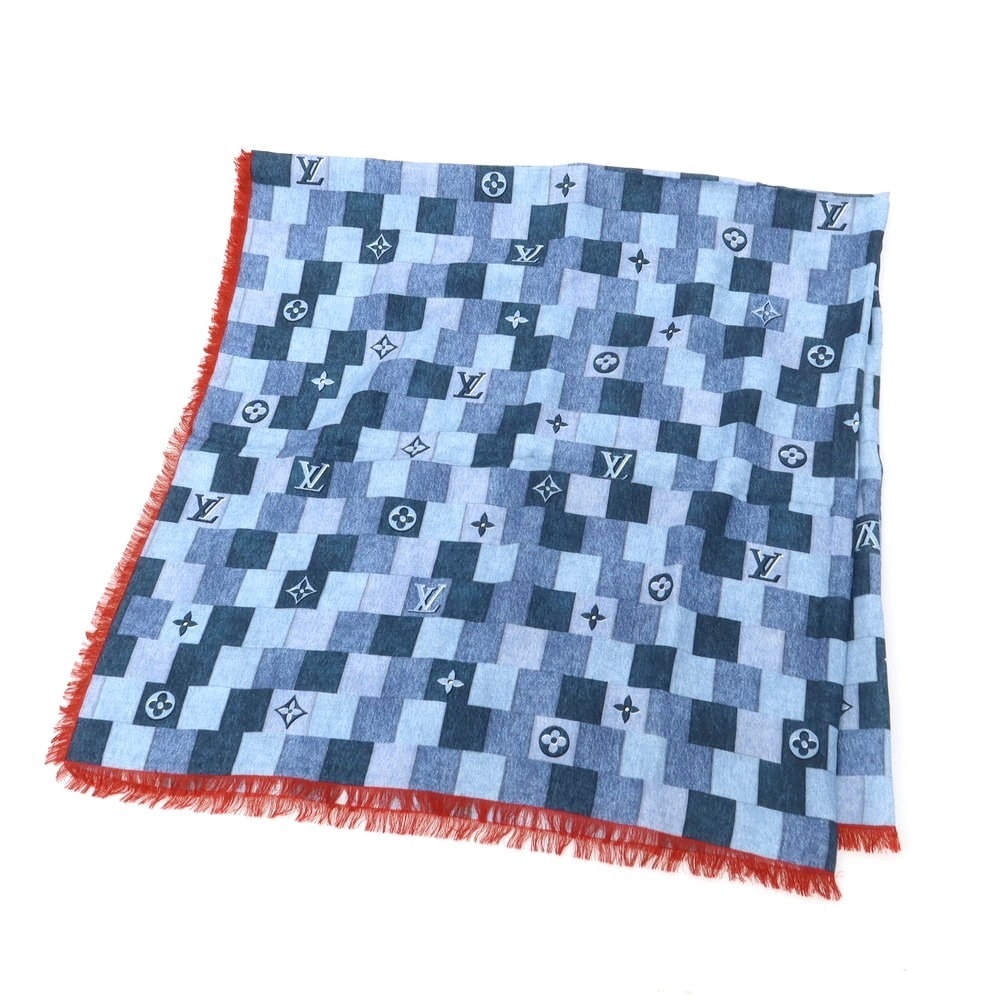 【中古】ルイ ヴィトン LOUIS VUITTON ウールシルク デニム モノグラム パッチワーク プリント ショール ブルー【ユニセックス】