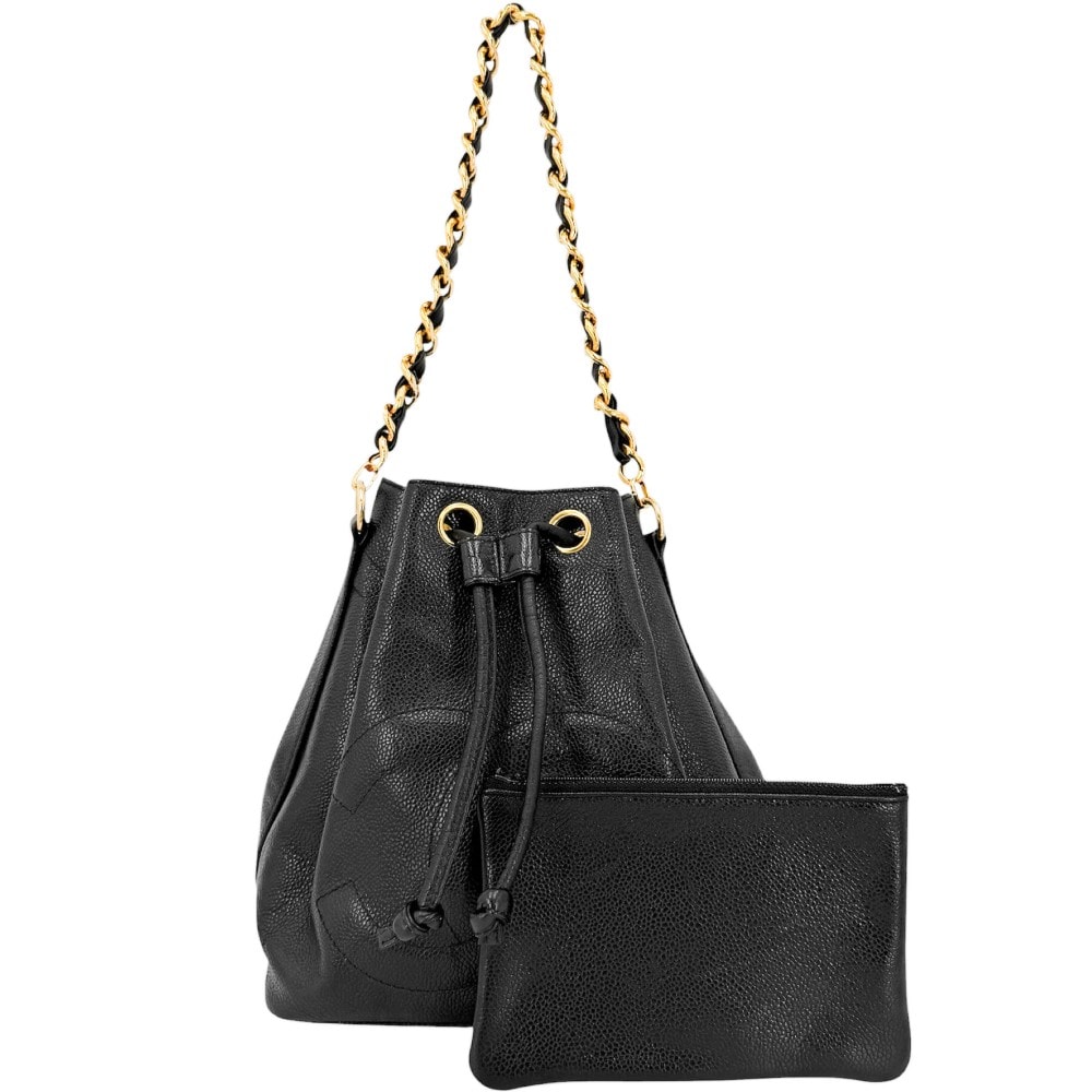 CHANEL シャネル ショルダーバッグ 巾着バッグ ココマーク トリプルココ 肩掛け ヴィンテージ  キャビアスキン   ブラック 黒 ゴールド金具 レディース【中古品】