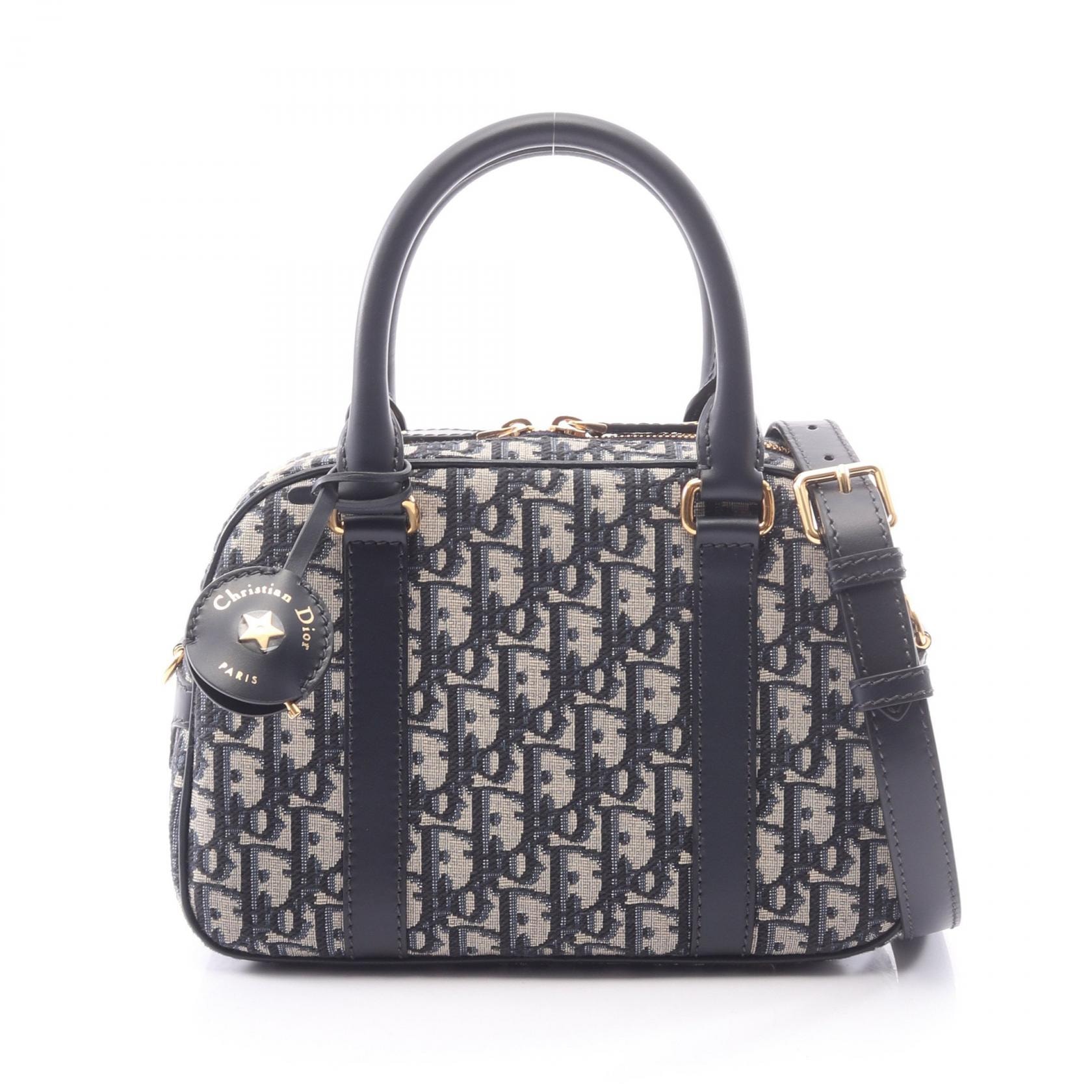 ディオール Dior D-vibe ボウリングバッグ ミディアム オブリーク 2WAY ハンドバッグ バッグ キャンバス レザー レディース ベージュ系 / ネイビー系 【中古】