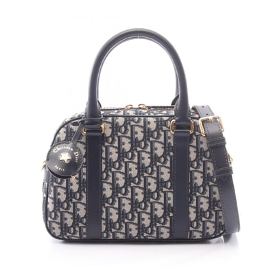 ディオール Dior D-vibe ボウリングバッグ ミディアム オブリーク 2WAY ハンドバッグ バッグ キャンバス レザー レディース ベージュ系 / ネイビー系 【中古】