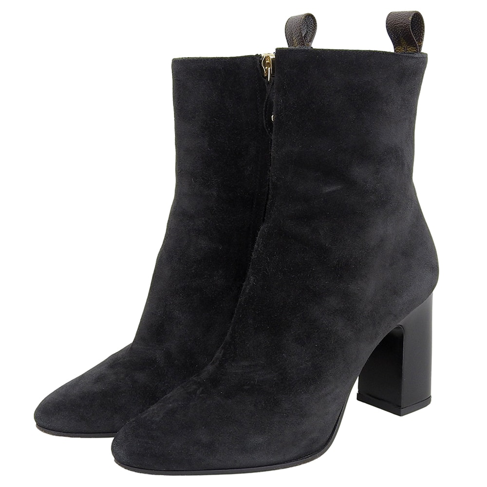 ルイヴィトン 美品 スウェード LVドナライン チャンキー ヒールブーツ シューズ レディース ブラック 36 LW2403 36