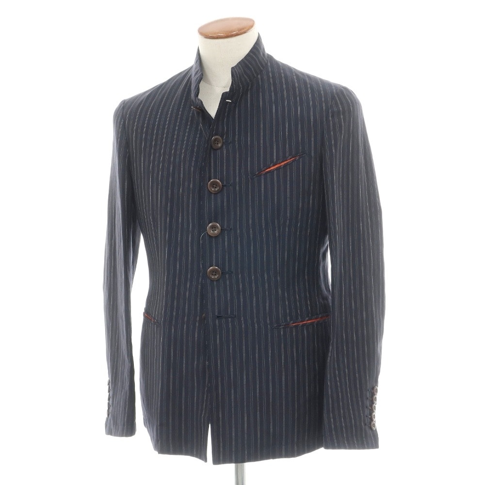 【中古】ポールスミスコレクション PAUL SMITH COLLECTION ウールリネン ストライプ 6B マオカラージャケット グレイッシュネイビーxホワイト【サイズM】【メンズ】