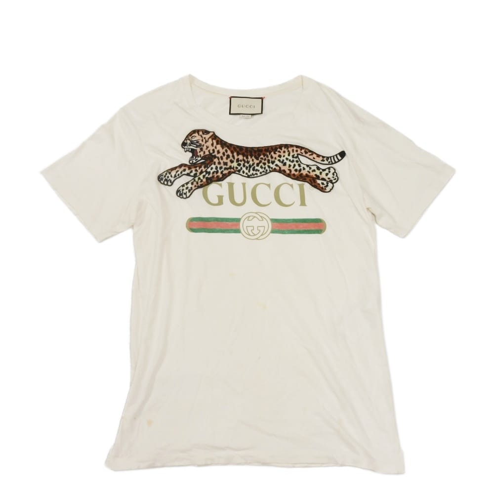 GUCCI グッチ ヴィンテージロゴ レオパード M エンブロイダリー ダメージ加工 インターロッキングG コットン ホワイト 半袖Tシャツ 493117 X9X99