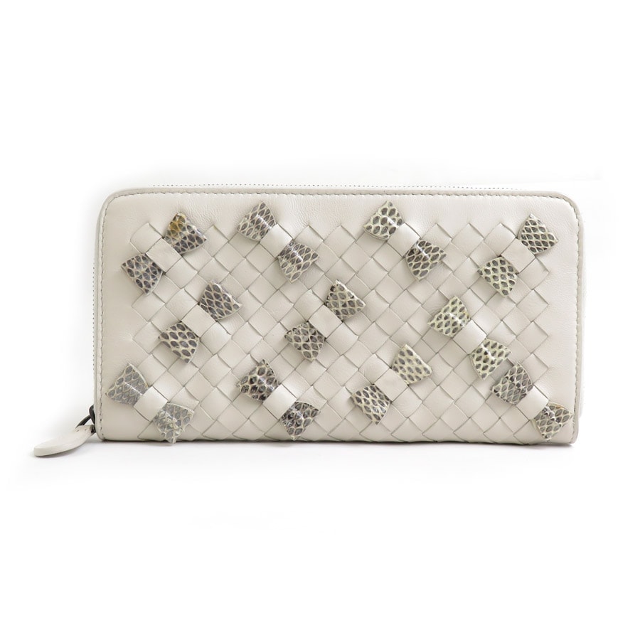 ボッテガヴェネタ BOTTEGAVENETA ラウンドファスナー長財布 レザー/パイソン オフホワイト レディース【中古】 h30666j