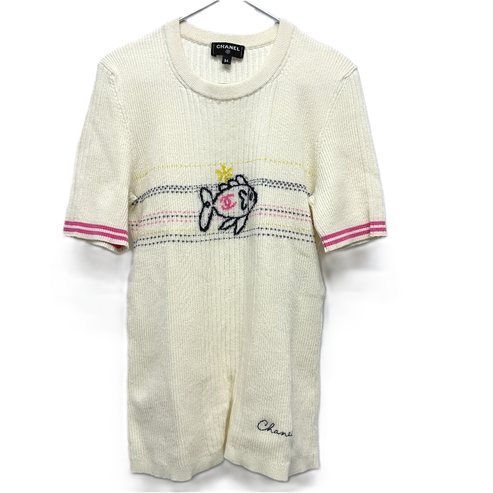 シャネル CHANEL フィッシュデザイン P78698 2024/25年 クルーズ コレクション アパレル トップス ニット 半袖Tシャツ コットン ホワイト 美品
