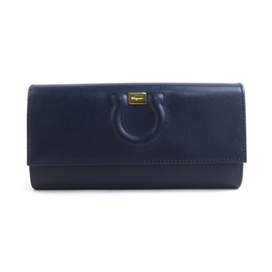 サルヴァトーレフェラガモ Salvatore Ferragamo 長財布 ガンチーニ レザー ネイビー レディース【中古】 56102a