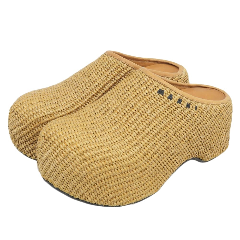 マルニ 美品 ラフィアファブリック プラットフォーム クロッグサボサンダル シューズ レディース ベージュ 36 SBMS009704 25AW 36