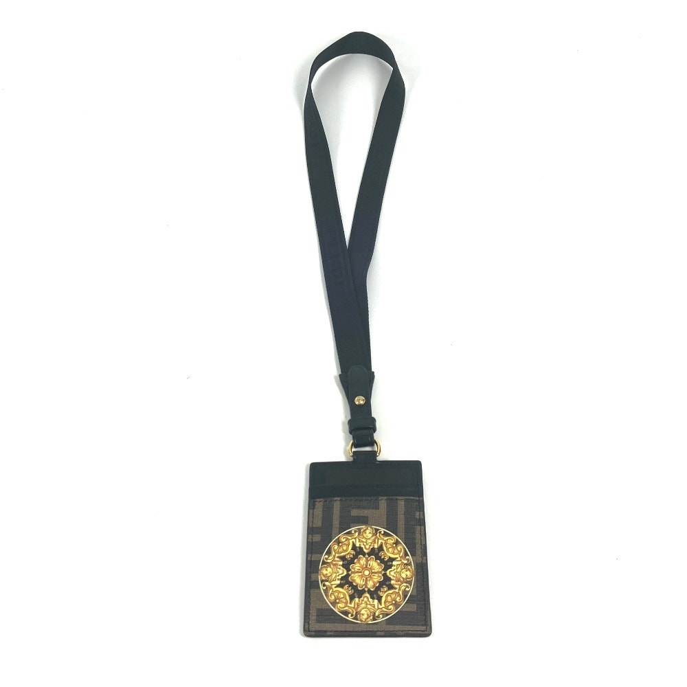 フェンディ FENDI ロゴ フェンダーチェ FENDACE ズッカ ヴェルサーチ コラボ VERSACE ストラップ付 名刺入れ パスケース カードケース PVC ブラウン