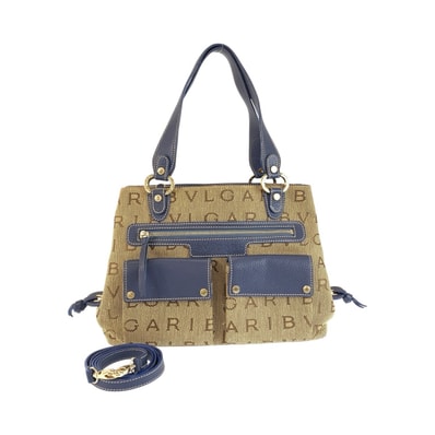 BVLGARI ブルガリ ロゴマニア ベージュ ブルー ゴールド金具 キャンバス レザー/ ハンドバッグ ショルダーバッグ 2WAY 604671 【中古】