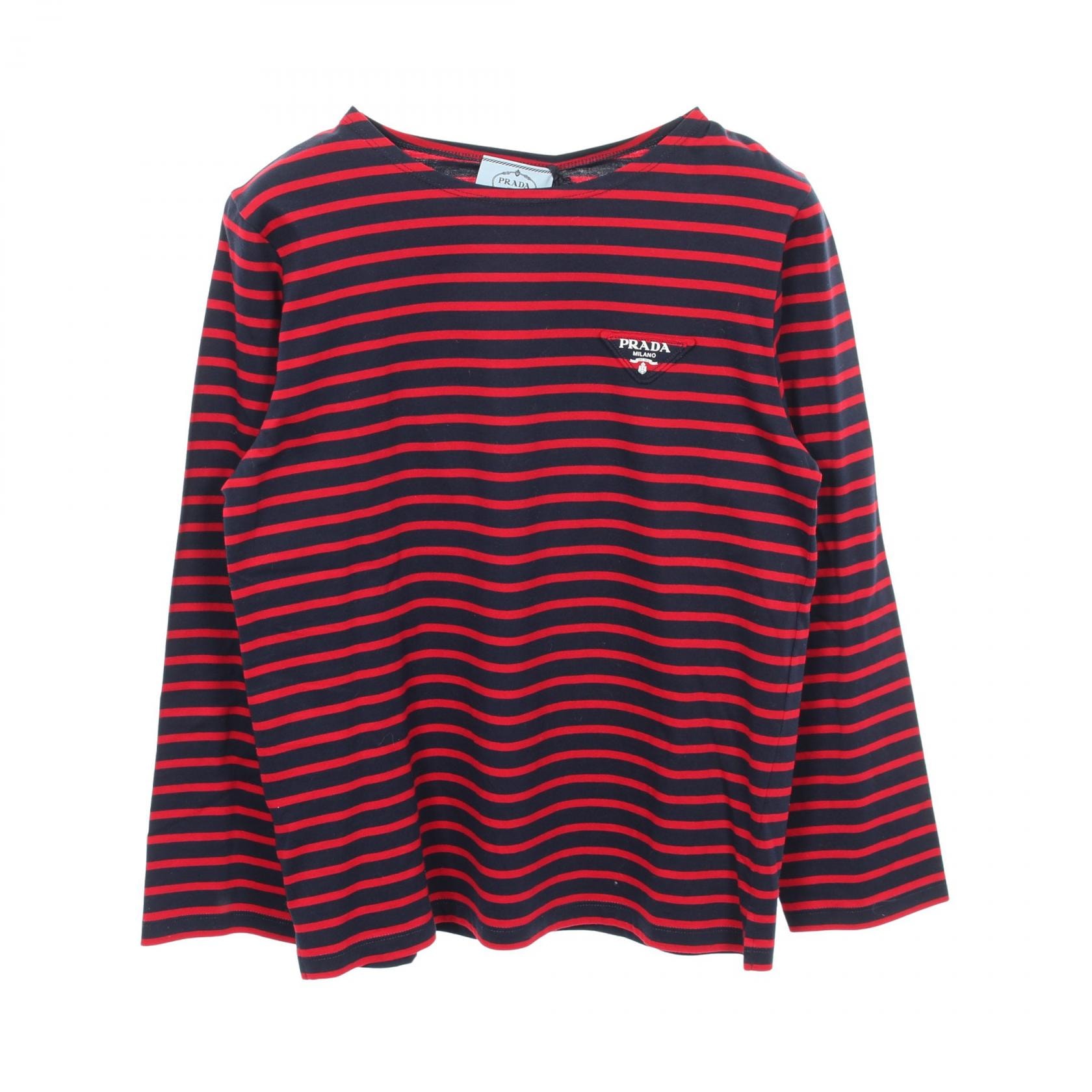 プラダ PRADA トライアングルロゴ 長袖Tシャツ 衣料品 トップス コットン レディース ネイビー系 / レッド系 34629 【中古】