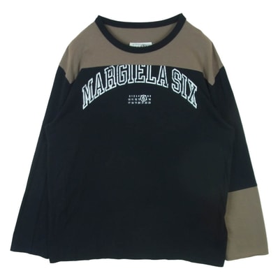 MAISON MARGIELA メゾンマルジェラ 25SS SH0NH0010 MM6 エムエムシックス バイカラー ロゴ プリント 長袖 カットソー ブラック系 グレイッシュベージュ系 XL【中古】