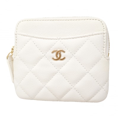★SALE【6ee6250-k】シャネル コインケース マトラッセ キャビアスキン ホワイト シャンパンゴールド金具【中古】レディース