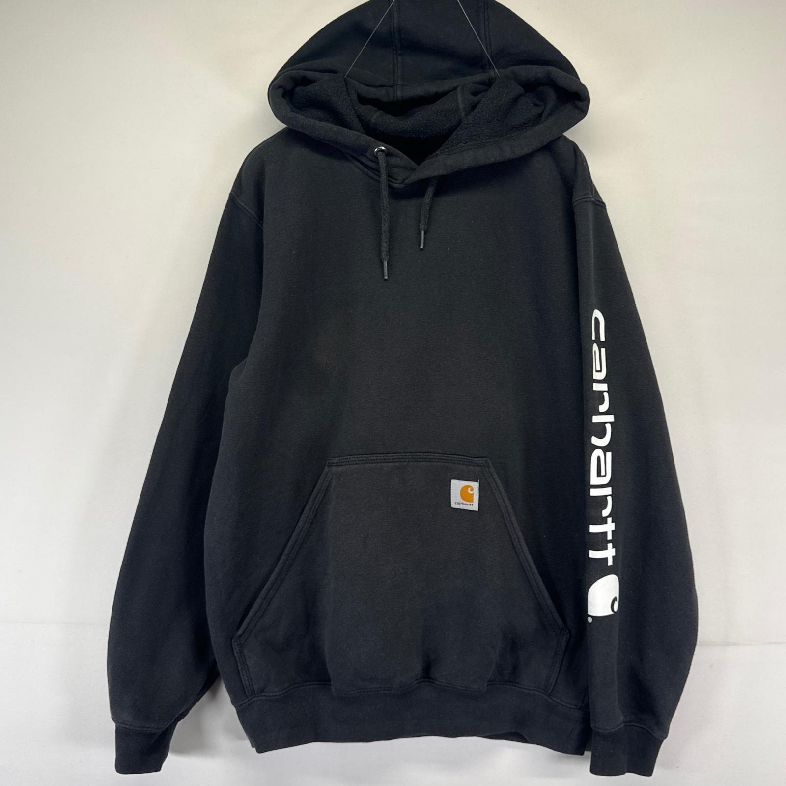 古着 カーハート Carhartt パーカー プルオーバー 袖ロゴ プリント ワンポイント スウェット オリジナルフィット S  ブラック系 メンズ