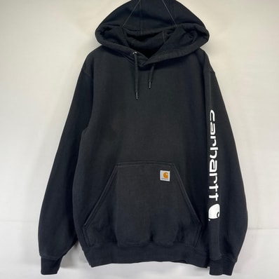 古着 カーハート Carhartt パーカー プルオーバー 袖ロゴ プリント ワンポイント スウェット オリジナルフィット S ブラック系 メンズ
