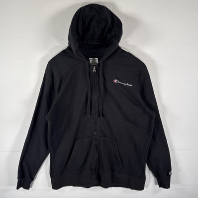 古着 チャンピオン Champion パーカー フルジップ スウェット フーディ ワンポイントロゴ刺繍 大きいサイズ XL ブラック メンズ