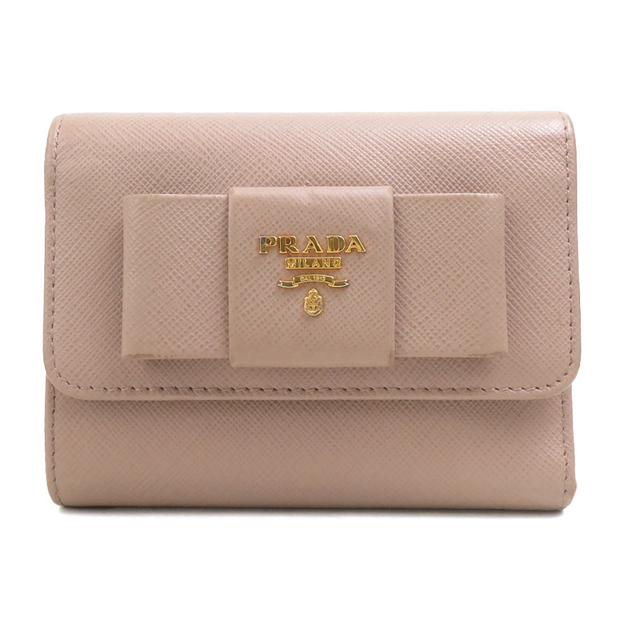 プラダ PRADA 三つ折り財布 レザー ベージュ レディース【中古】 r11178a