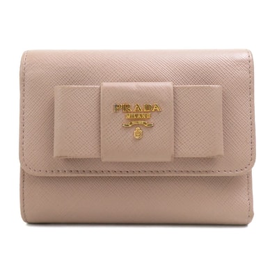 プラダ PRADA 三つ折り財布 レザー ベージュ レディース【中古】 r11178a