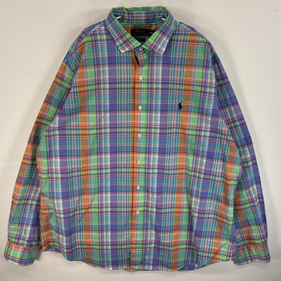 古着 ポロ・ラルフローレン POLO RALPH LAUREN 長袖シャツ ワンポイント ロゴ 刺繍 チェック 大きいサイズ 14041 パープル系 マルチカラー メンズ