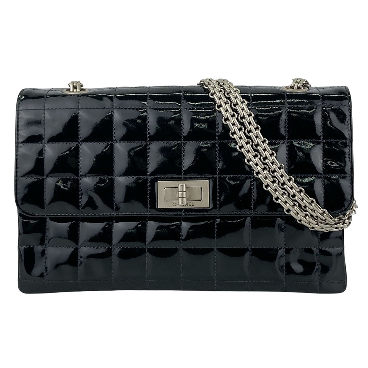 CHANEL シャネル 2.55 チョコバー チェーンショルダーバッグ Wチェーン 25cm ショルダーバッグ パテントレザー エナメル ブラック  レディース【中古】