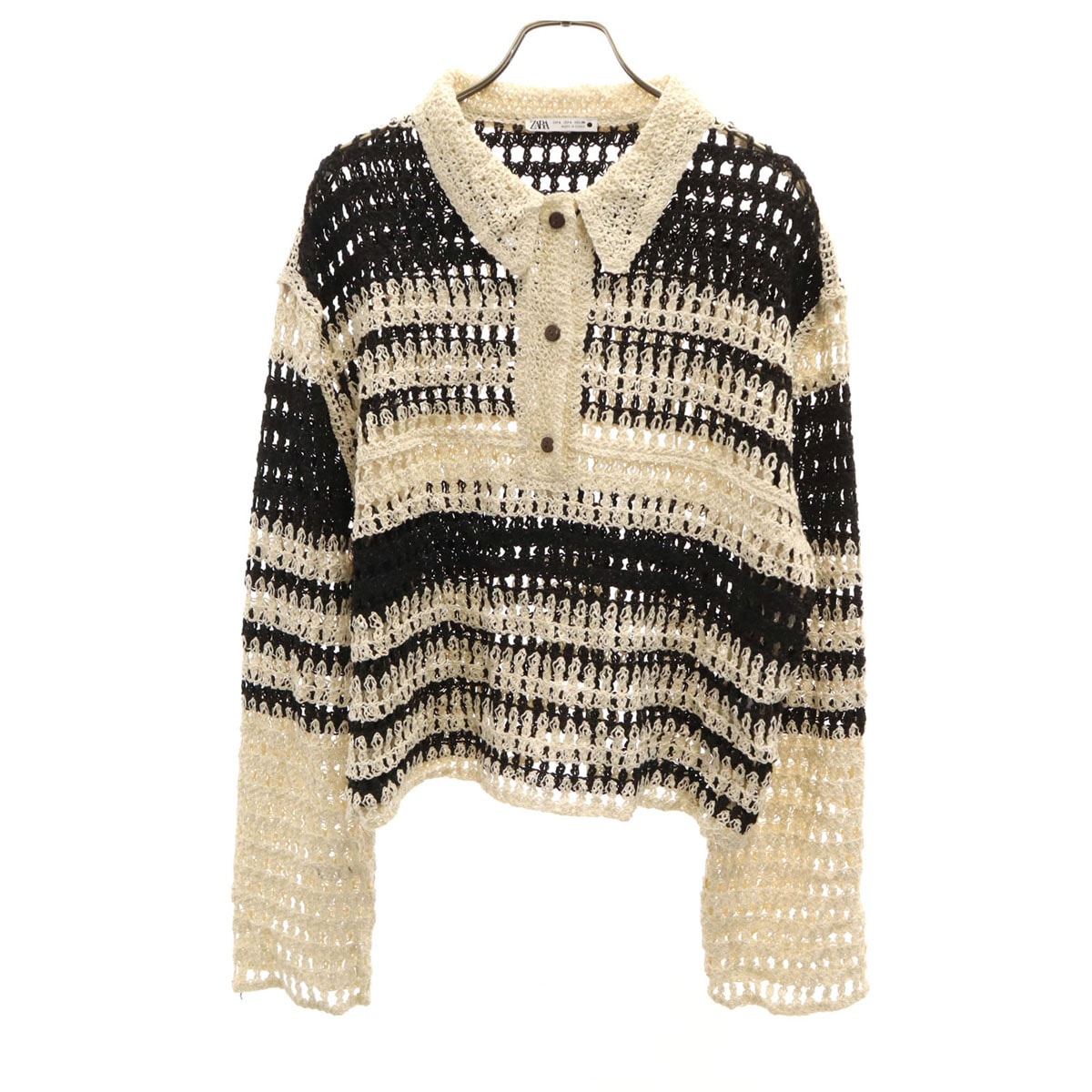ZARA ザラ 長袖 クロシェ ニット ポロシャツ L 生成り