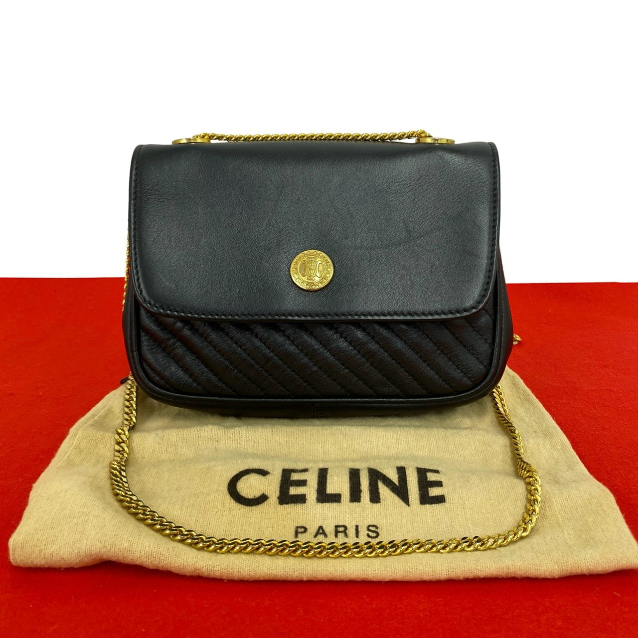 CELINE セリーヌ トリオンフ ロゴ 金具 レザー ショルダーバッグ ブラック
115-5
