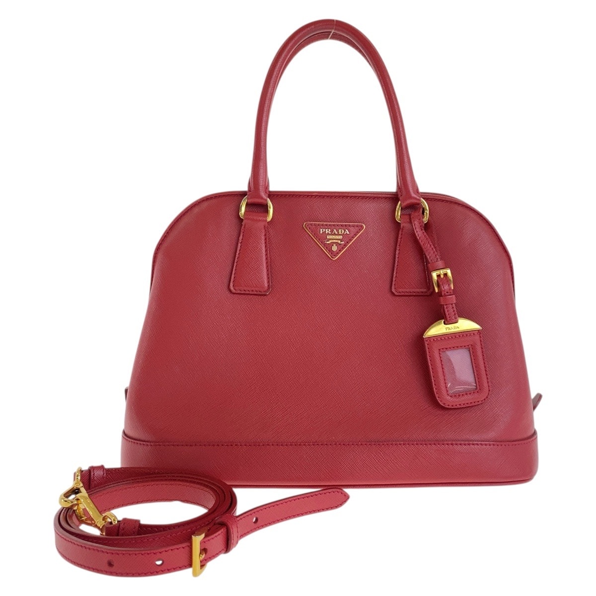 PRADA プラダ サフィアーノ 三角ロゴプレート レッド ゴールド金具 レザー ハンドバッグ ショルダーバッグ 2WAY 504992 【中古】
