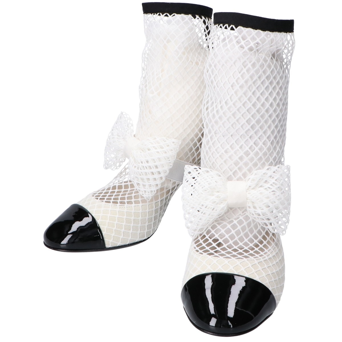 シャネル 美品 23SS リボン パールココマーク パテントレザーxメッシュ ショートブーツ 35 1/2