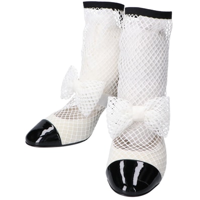 シャネル 美品 23SS リボン パールココマーク パテントレザーxメッシュ ショートブーツ 35 1/2