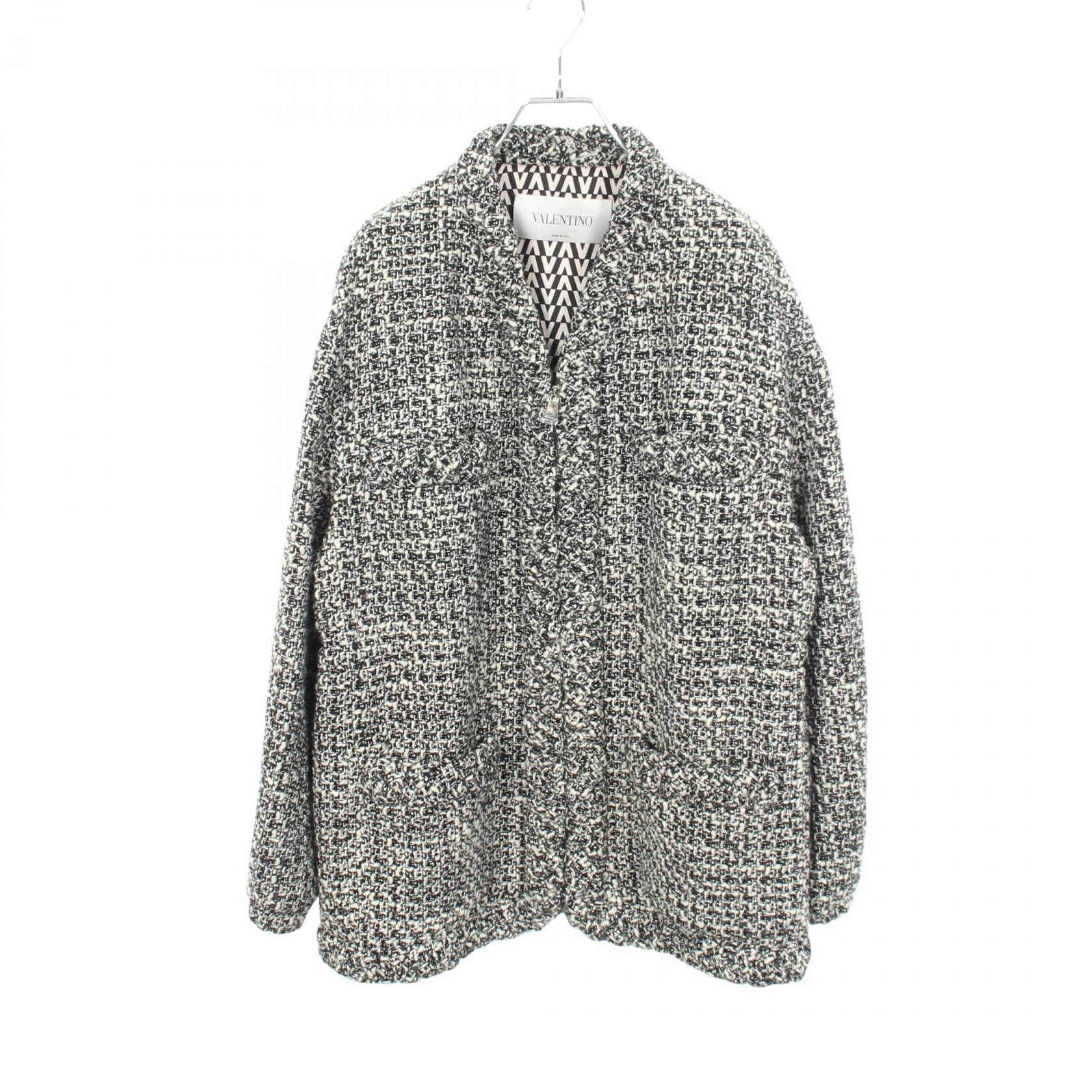 ヴァレンチノ Valentino ツイード ジップアップ ロング 衣料品 アウター ウール アクリル レディース ブラック系 / ホワイト系 WB3CE2D06G7 【中古】