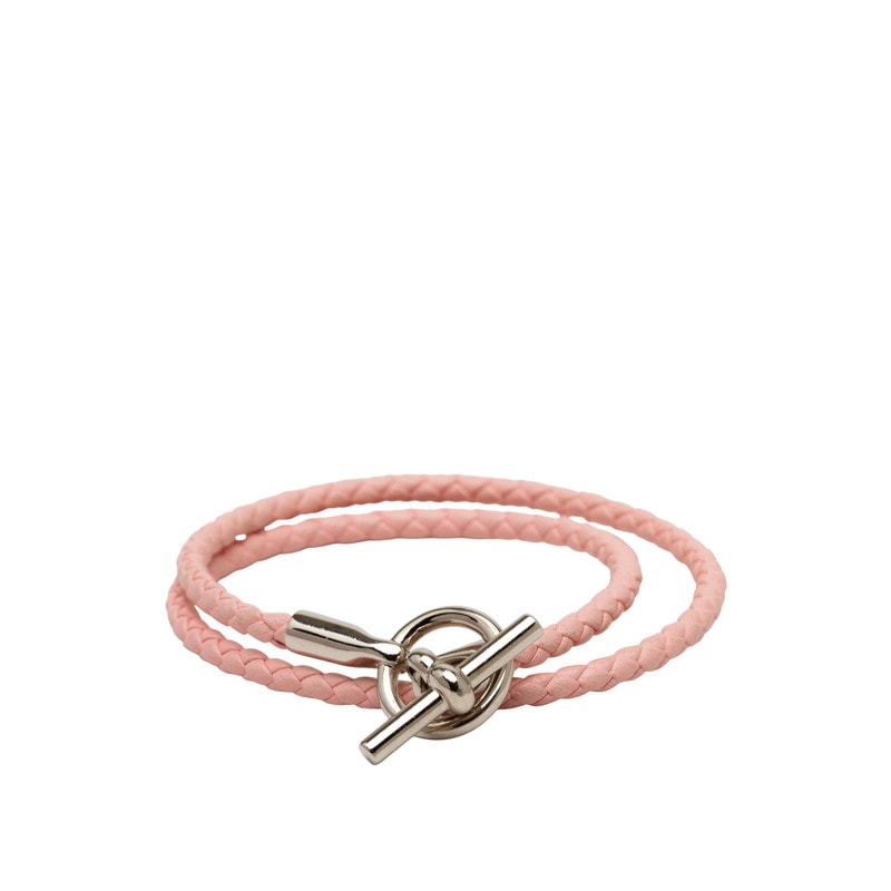 エルメス グレナン ドゥブルトゥール ブレスレット ローズ サクラ シルバー レザー メタル レディース HERMES 【中古】