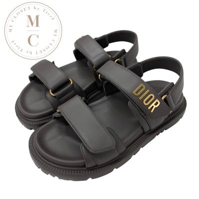 クリスチャンディオール CHRISTIAN DIOR DIORACT サンダル 靴 シューズ レザー グレー ゴールド 未使用 ロゴ スポーツサンダル フラット
