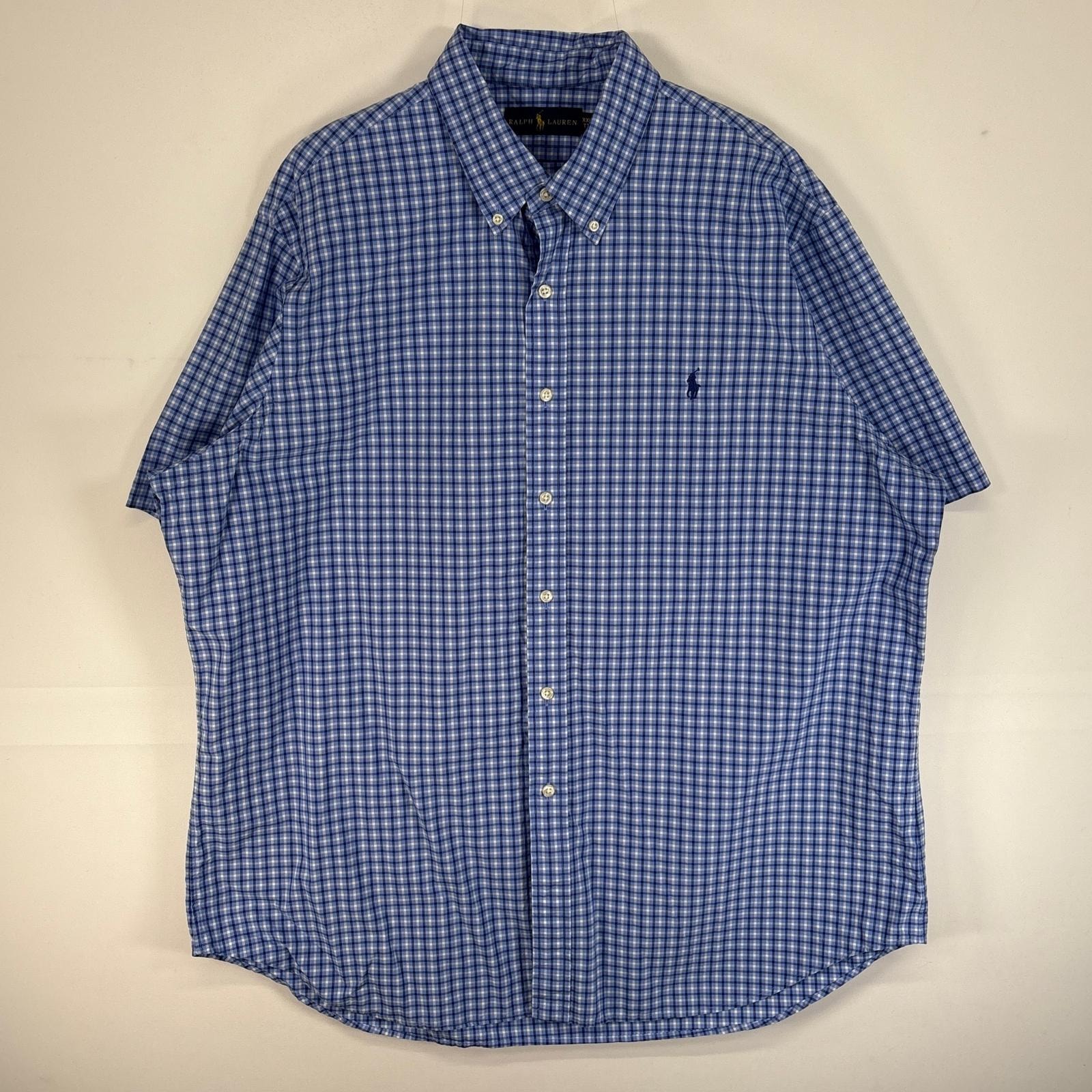古着 ラルフローレン RALPH LAUREN 半袖シャツ ロゴ 刺繍 大きいサイズ 薄手 ボタンダウン 14041  ブルー チェック メンズ