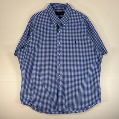 古着 ラルフローレン RALPH LAUREN 半袖シャツ ロゴ 刺繍 大きいサイズ 薄手 ボタンダウン 14041 ブルー チェック メンズ