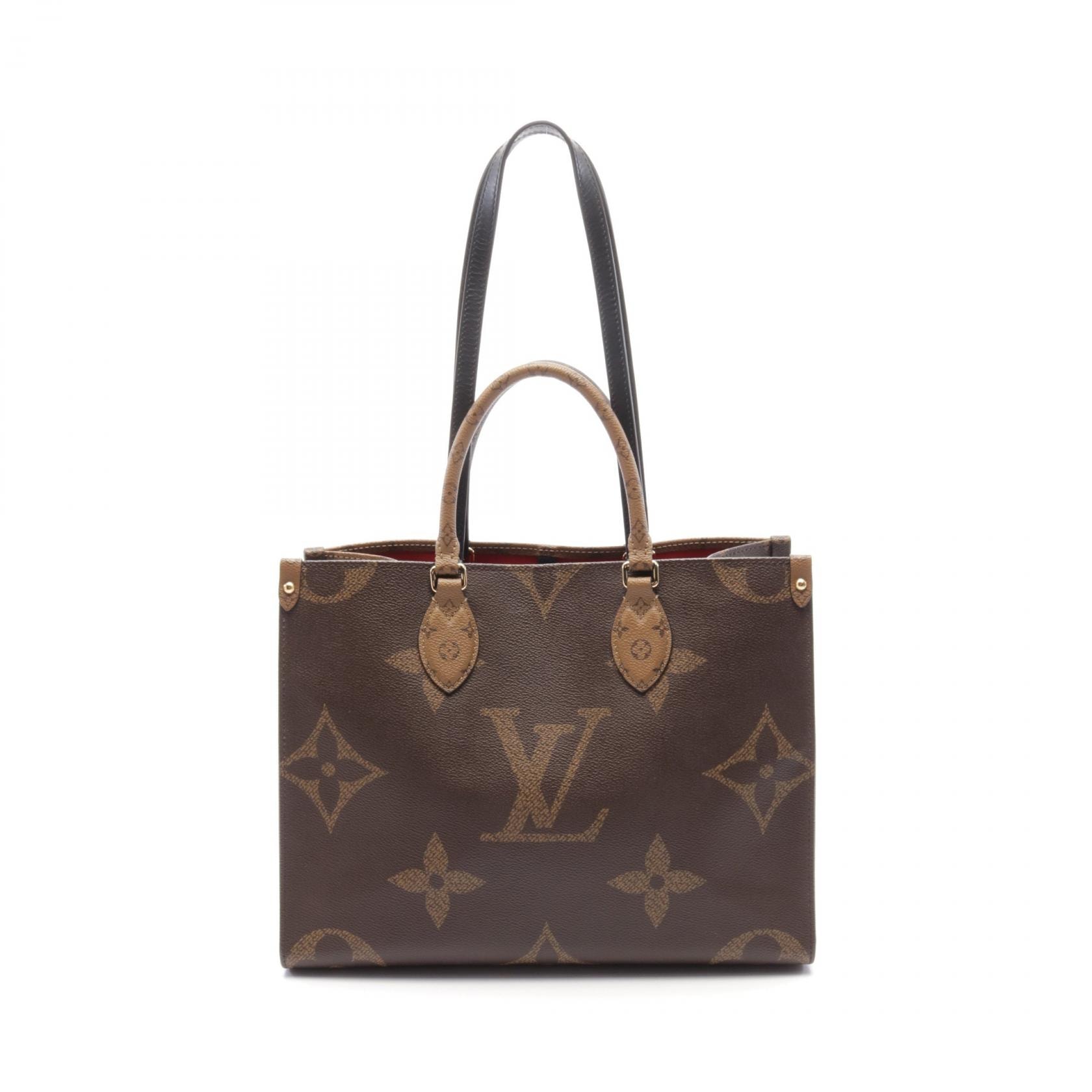 ルイ・ヴィトン LOUIS VUITTON オンザゴーMM トートバッグ バッグ PVCコーティングキャンバス レザー モノグラム・ジャイアントリバース ベージュ レディース ブラウン系 / ベージュ系 M45321 【中古】