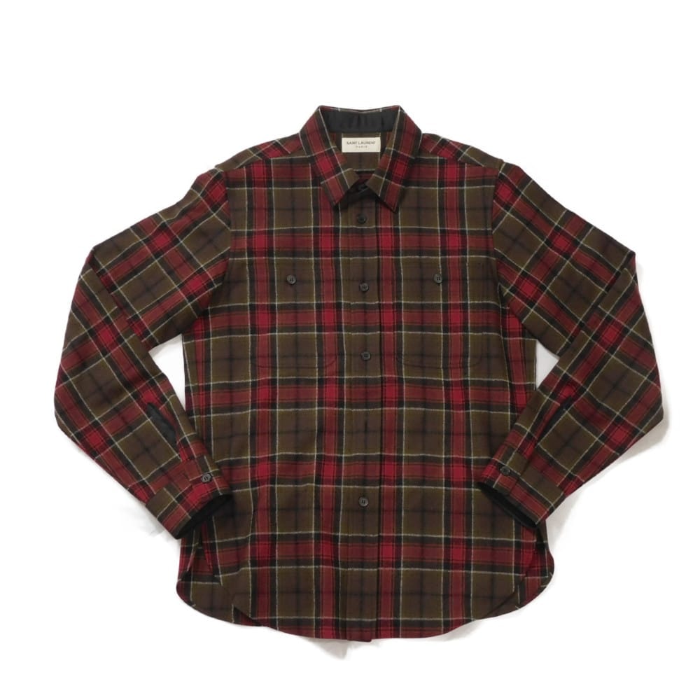 SAINT LAURENT PARIS サンローランパリ チェック シャツ M ブラウン カーキ タイト 13AW エディ期 エディ スマリン ウール レッド 長袖シャツ 326821 Y788B