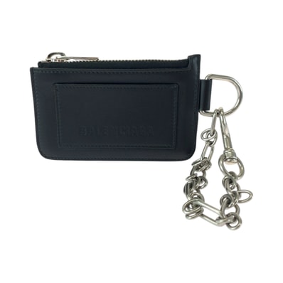 美品 BALENCIAGA バレンシアガ ロゴ ブラック 黒 シルバー金具 レザー チェーン付きコインケース フラグメントケース カードケース 603087 【中古】