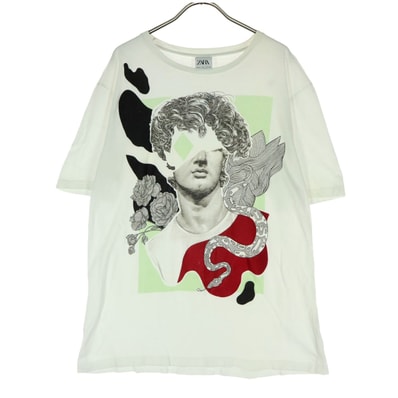 ZARA ザラ プリント アート風 半袖 Tシャツ L アイボリー系