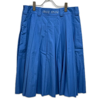 ミュウミュウ MG1781 チノプリーツスカート ブルー ロゴ コットン 42
