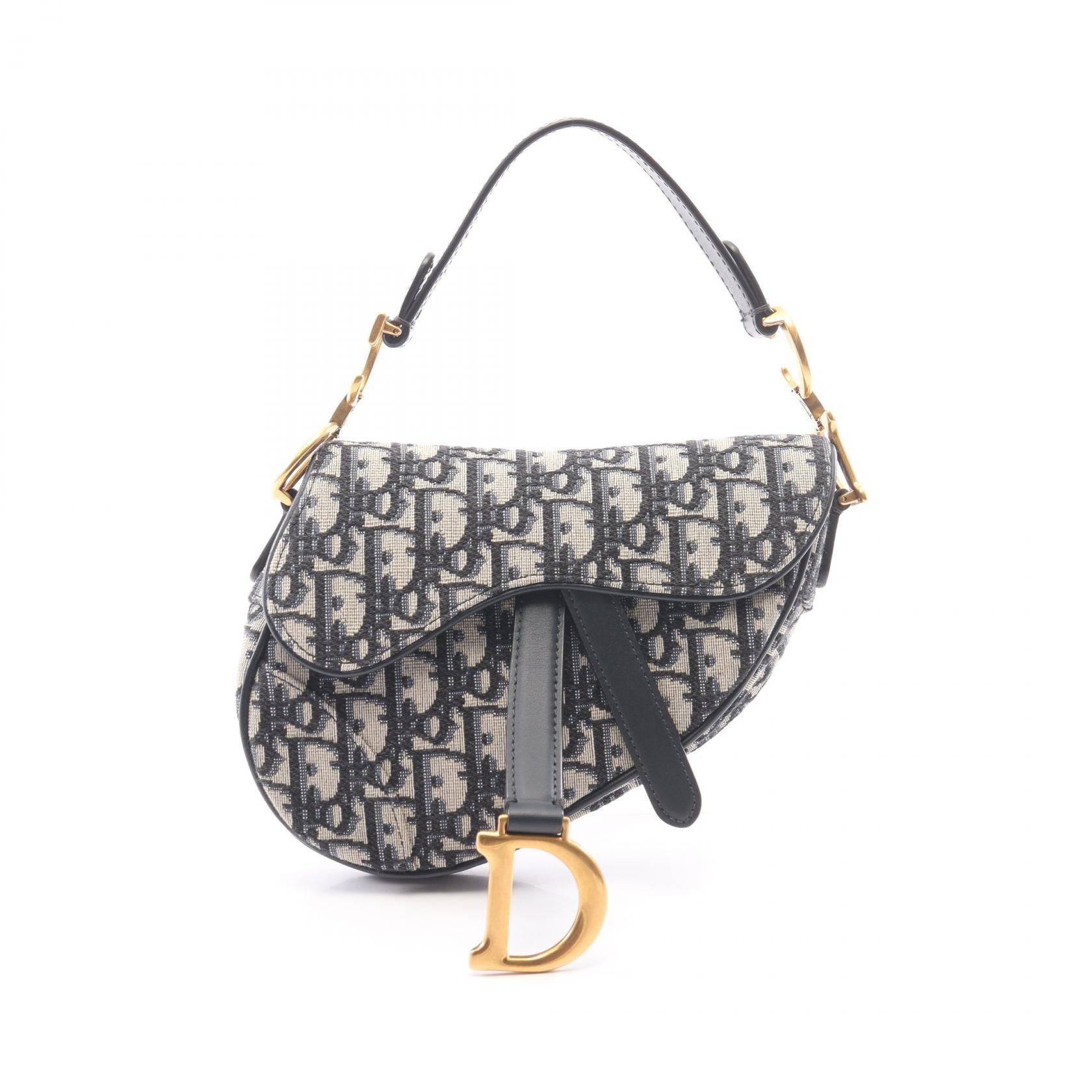 ディオール Dior サドルバッグ ミニ オブリークジャカード ハンドバッグ バッグ キャンバス レザー レディース アイボリー系 / ネイビー系 【中古】