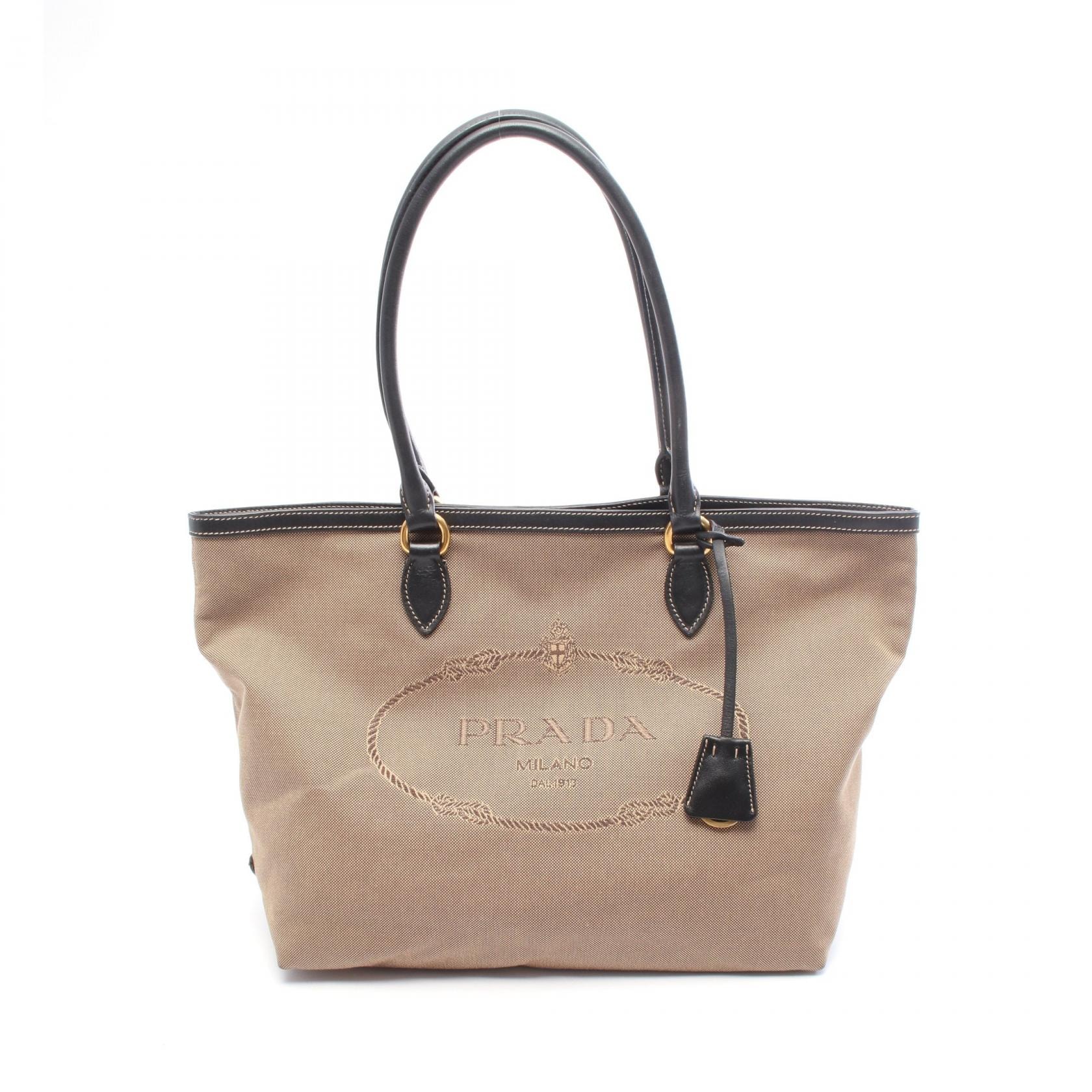 プラダ PRADA LOGO JACQUARD ロゴジャガード トートバッグ バッグ キャンバス レザー レディース ブラウン系 / ブラック系 【中古】