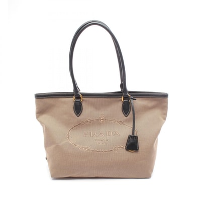 プラダ PRADA LOGO JACQUARD ロゴジャガード トートバッグ バッグ キャンバス レザー レディース ブラウン系 / ブラック系 【中古】