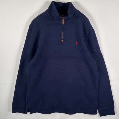 古着 ポロ・ラルフローレン POLO RALPH LAUREN コットンニット ワンポイントロゴ刺繍 ハーフジップ ビッグサイズ 14041 ネイビー メンズ