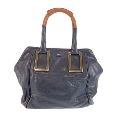 美品 Chloe クロエ ネイビー ブラウン ゴールド金具 レザー トートバッグ ショルダーバッグ 601284 【中古】