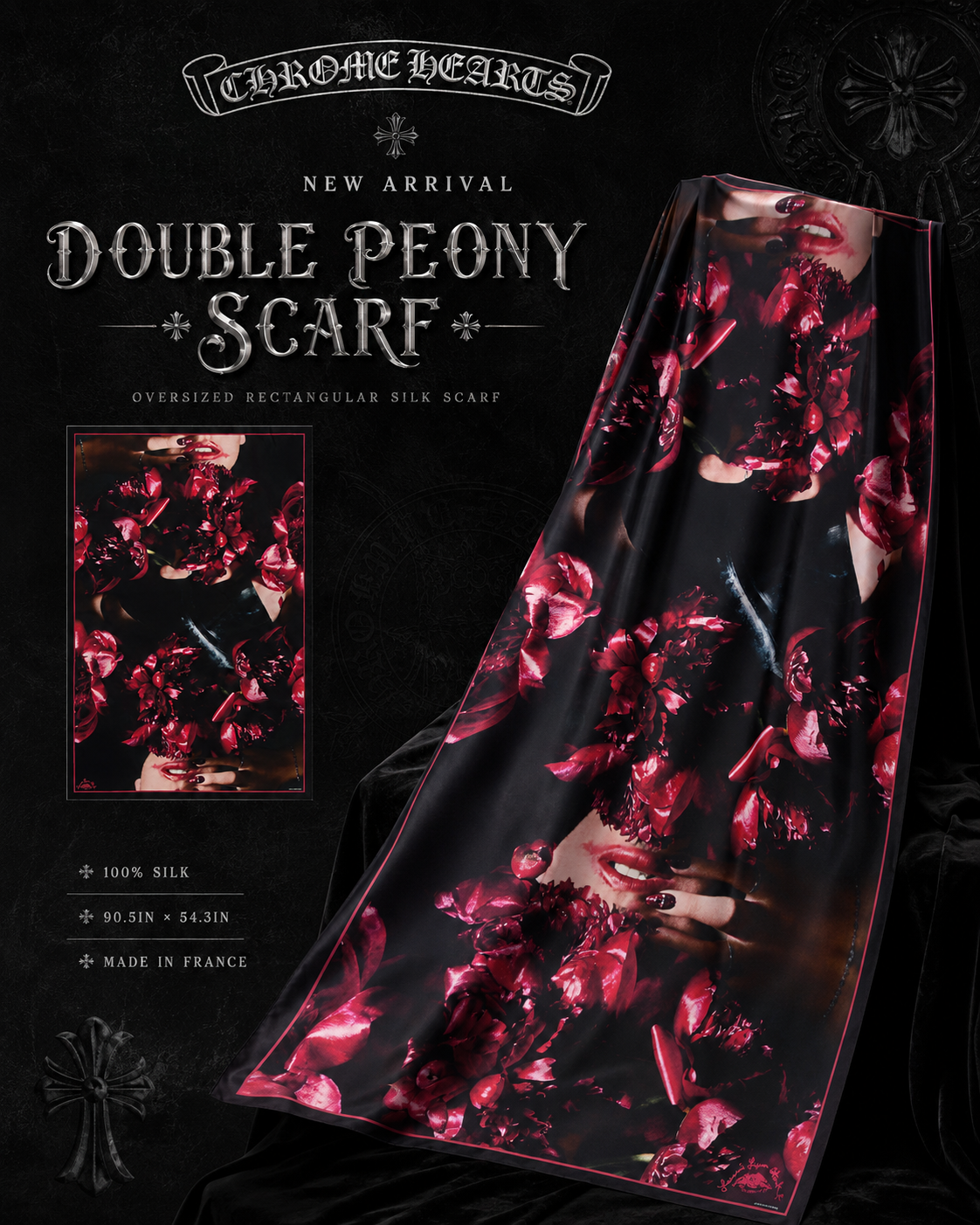 【新品未使用】CHROME HEARTS DOUBLE PEONY SCARF 100% SILK 大判スカーフCHROME HEARTSDOUBLE PEONY SCARFクロムハーツの新作「DOUBLE PEONY SCARF」。