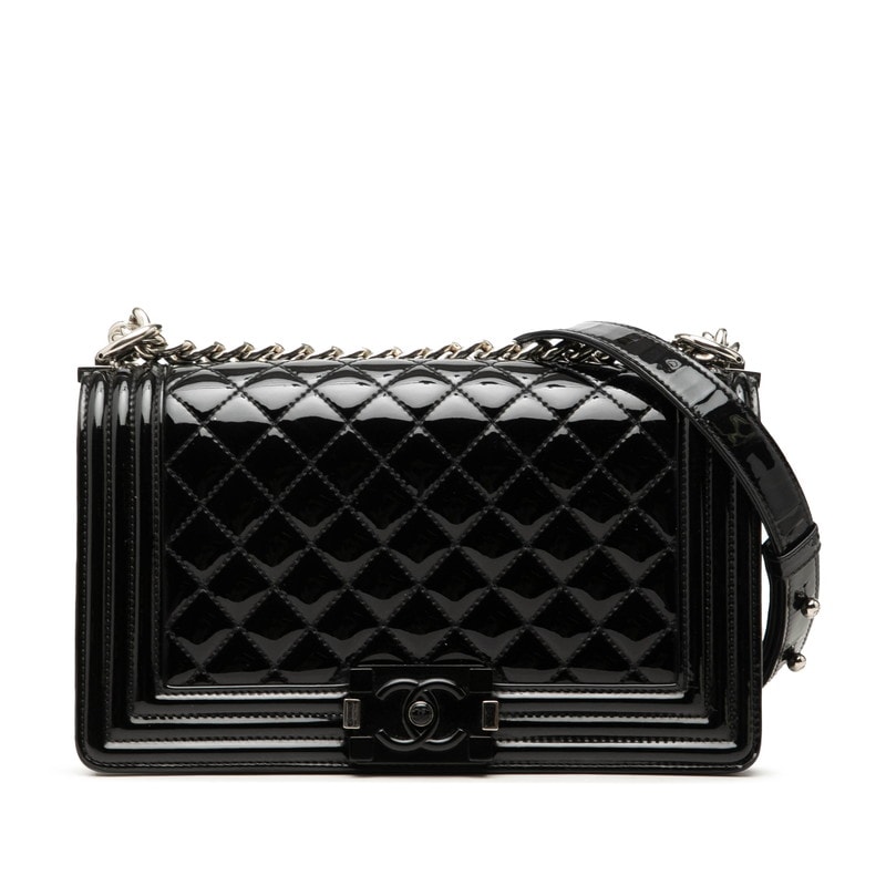 シャネル マトラッセ ココマーク ボーイシャネル25 チェーン ショルダーバッグ ブラック パテントレザー レディース CHANEL 中古