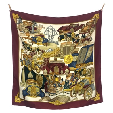 美品 HERMES エルメス automobile カレ90 ワインレッド マルチカラー シルク スカーフ 602384 【中古】